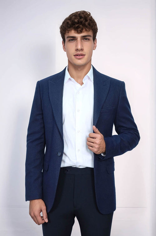 Slim Fit Patterned Dark Blue Men Blazer - Wessi