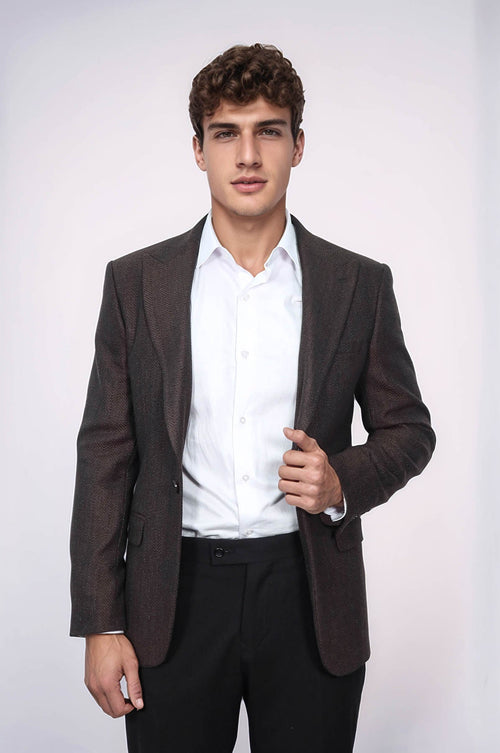 Slim Fit Patterned Brown Men Blazer - Wessi
