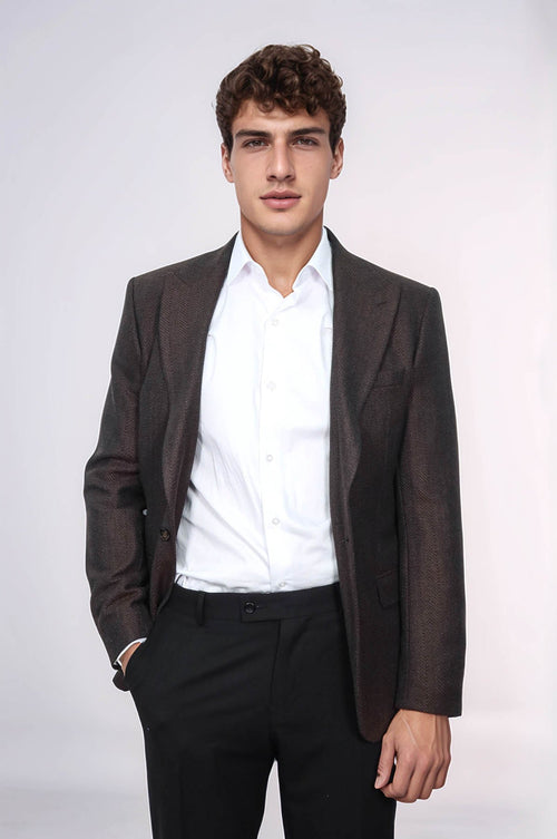 Slim Fit Patterned Brown Men Blazer - Wessi