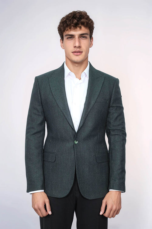 Slim Fit Patterned Dark Green Men Blazer - Wessi