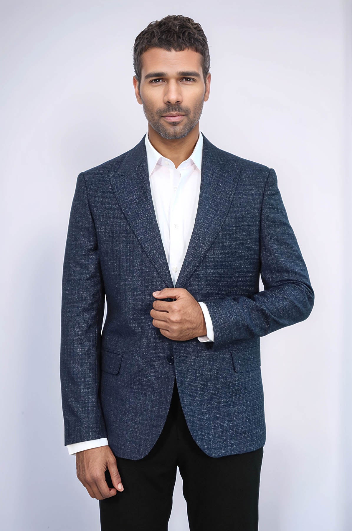 Patterned Wide Lapel Navy Blue Men Blazer - Wessi