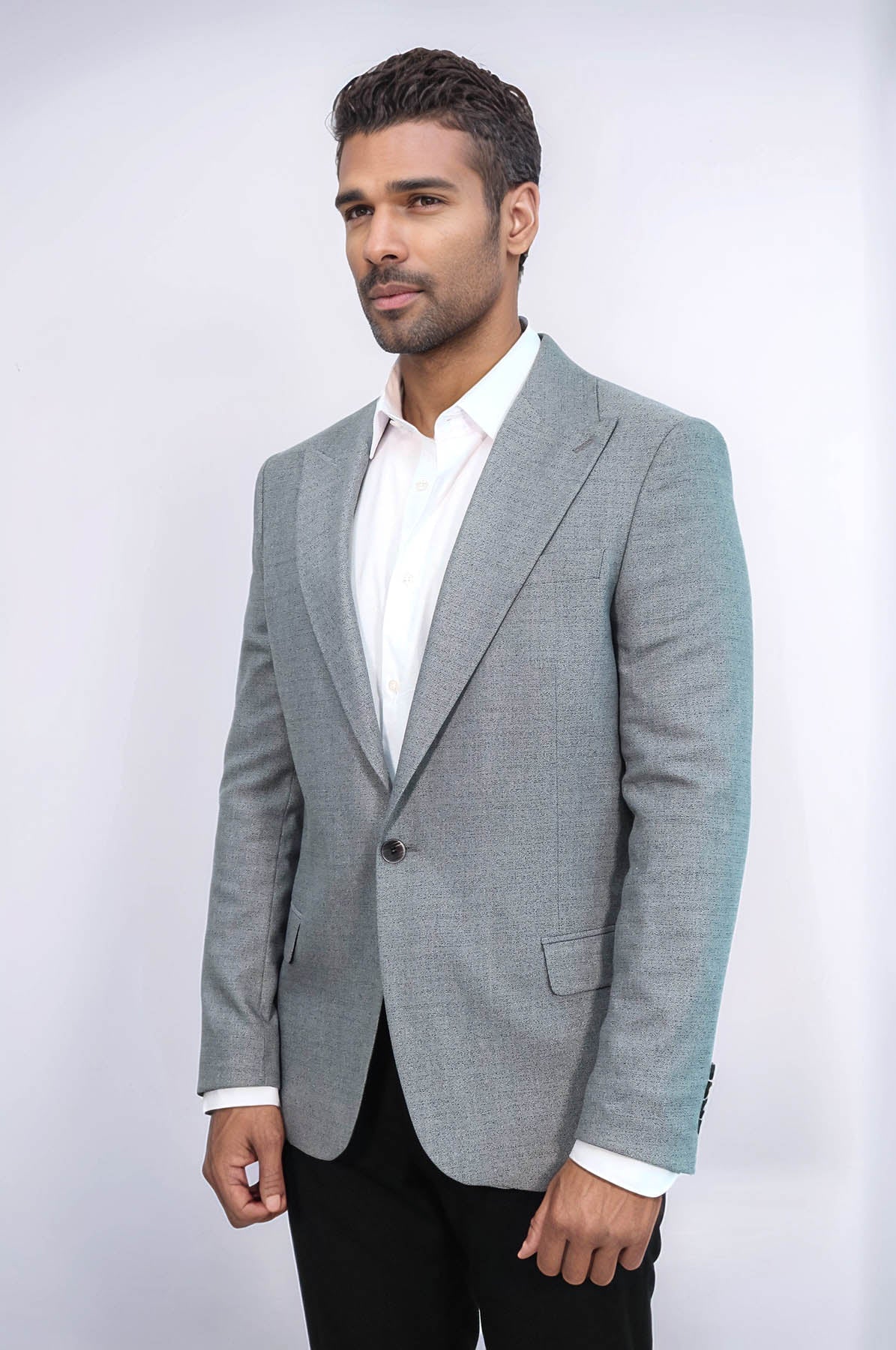 Patterned Wide Lapel Grey Men Blazer - Wessi