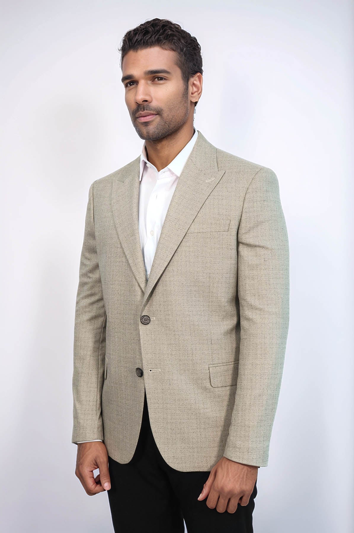 Patterned Wide Lapel Cream Men Blazer - Wessi
