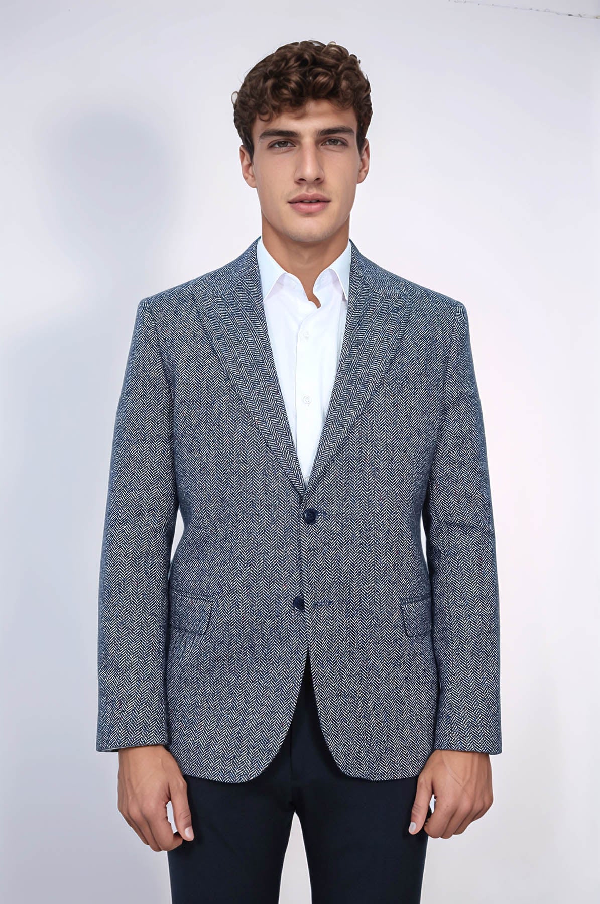 Houndstooth Pattern Wool Blue Men Blazer - Wessi