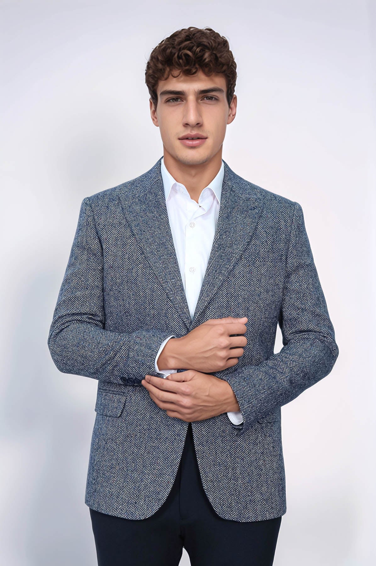 Houndstooth Pattern Wool Blue Men Blazer - Wessi