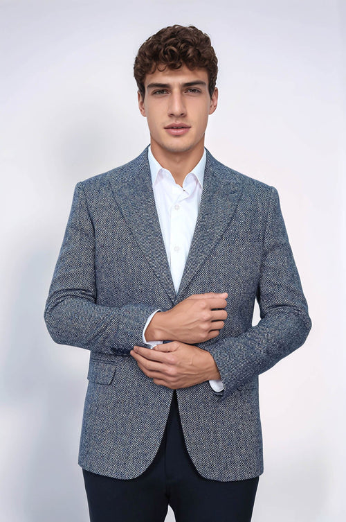 Houndstooth Pattern Wool Blue Men Blazer - Wessi