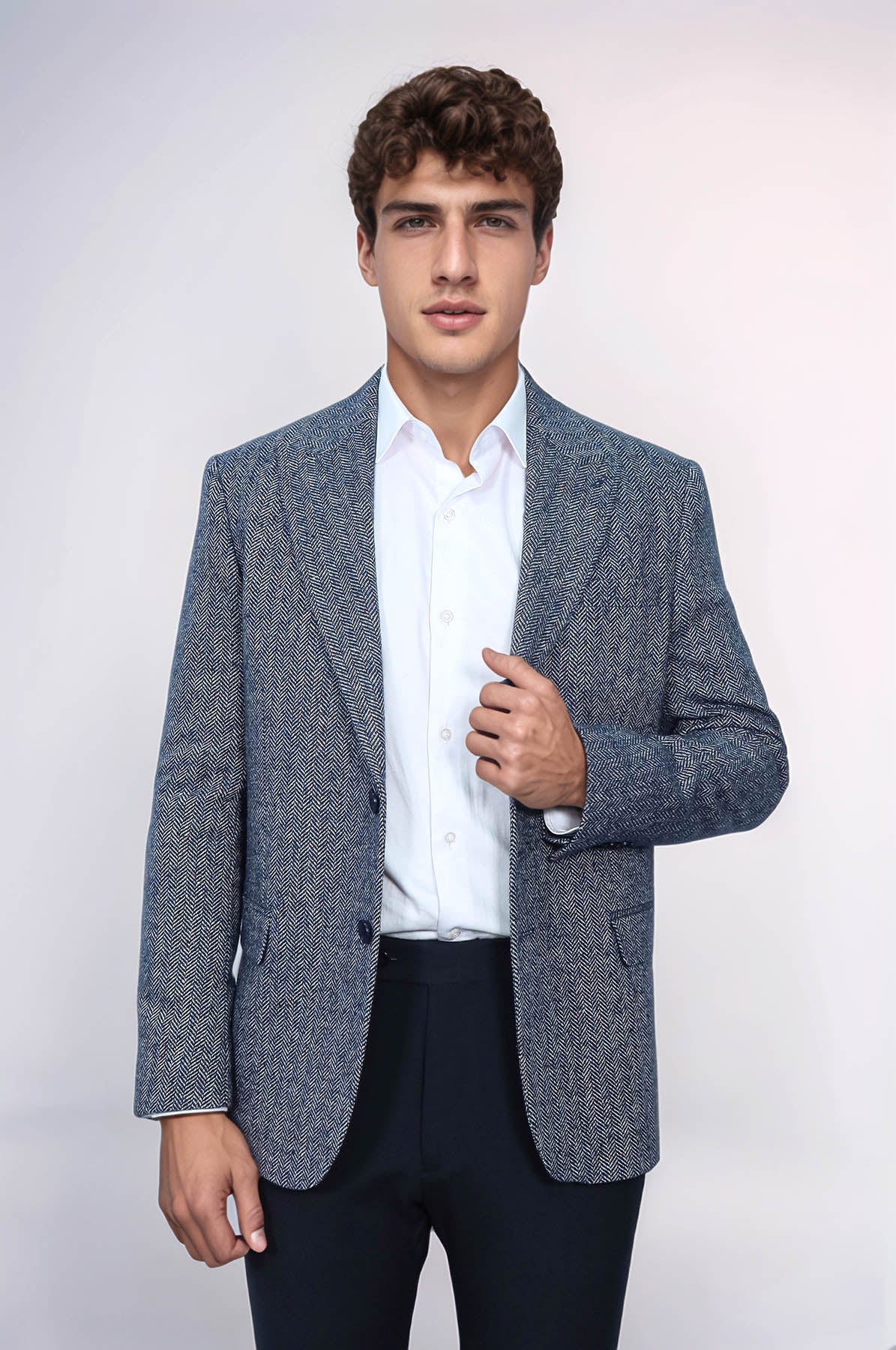 Houndstooth Pattern Wool Blue Men Blazer - Wessi
