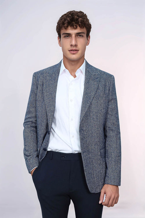 Houndstooth Pattern Wool Blue Men Blazer - Wessi