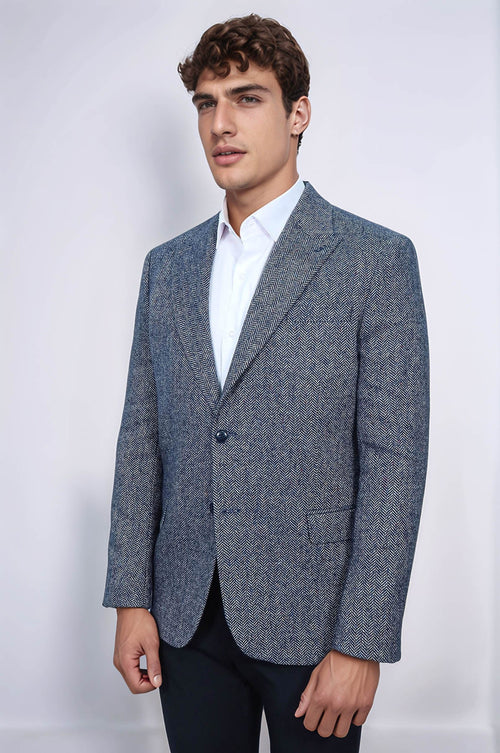 Houndstooth Pattern Wool Blue Men Blazer - Wessi
