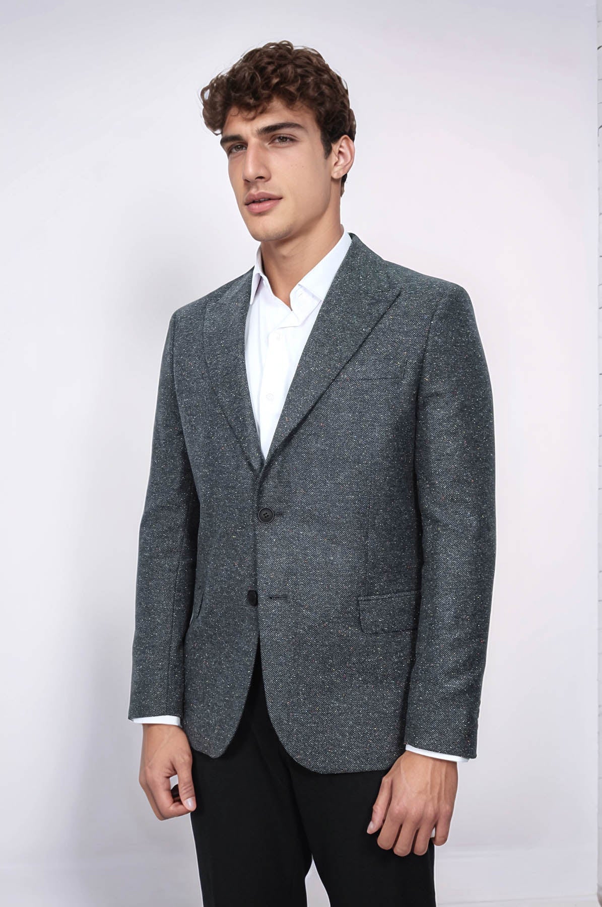 Houndstooth Pattern Wool Anthracite Men Blazer - Wessi