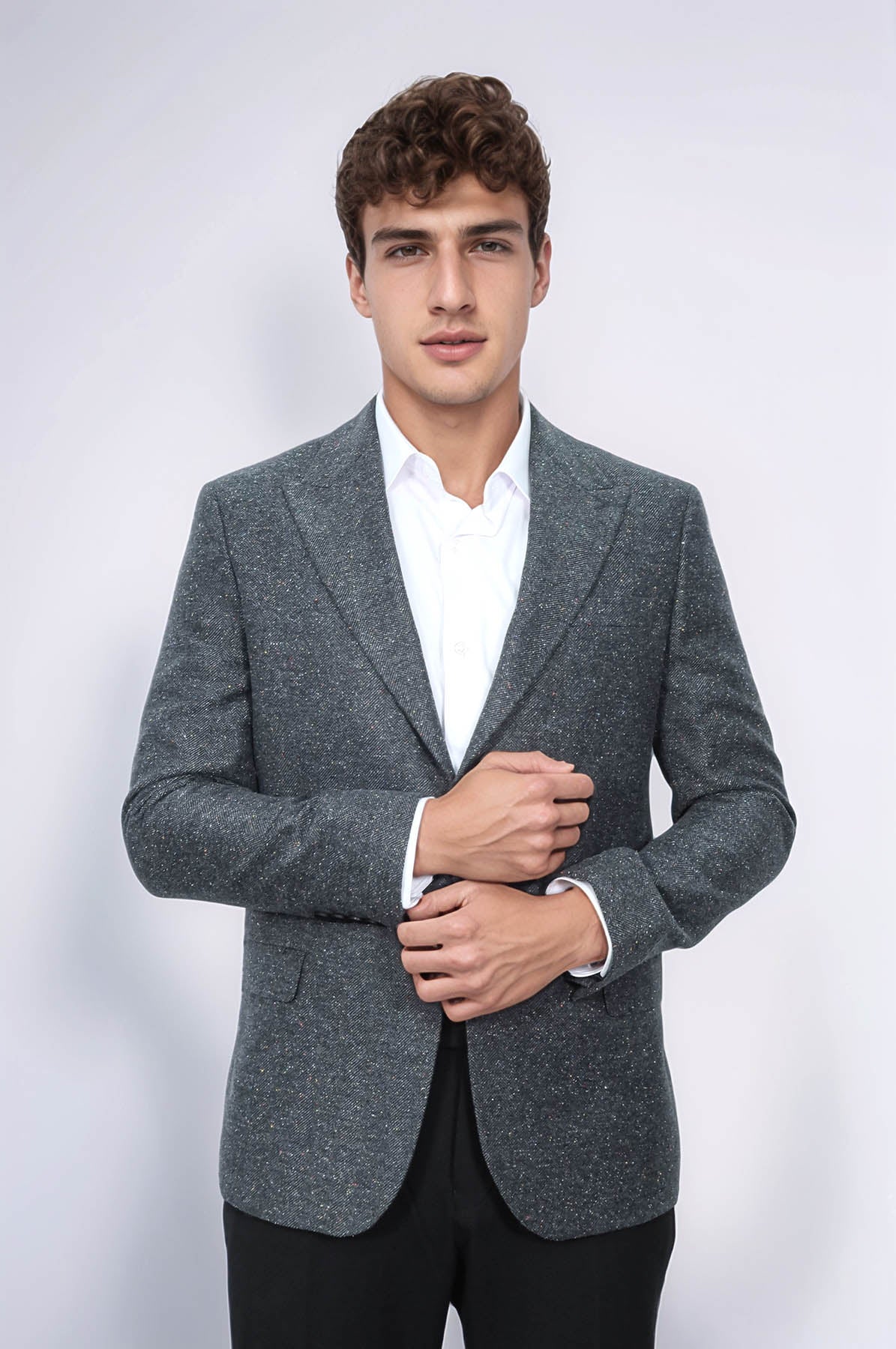 Houndstooth Pattern Wool Anthracite Men Blazer - Wessi