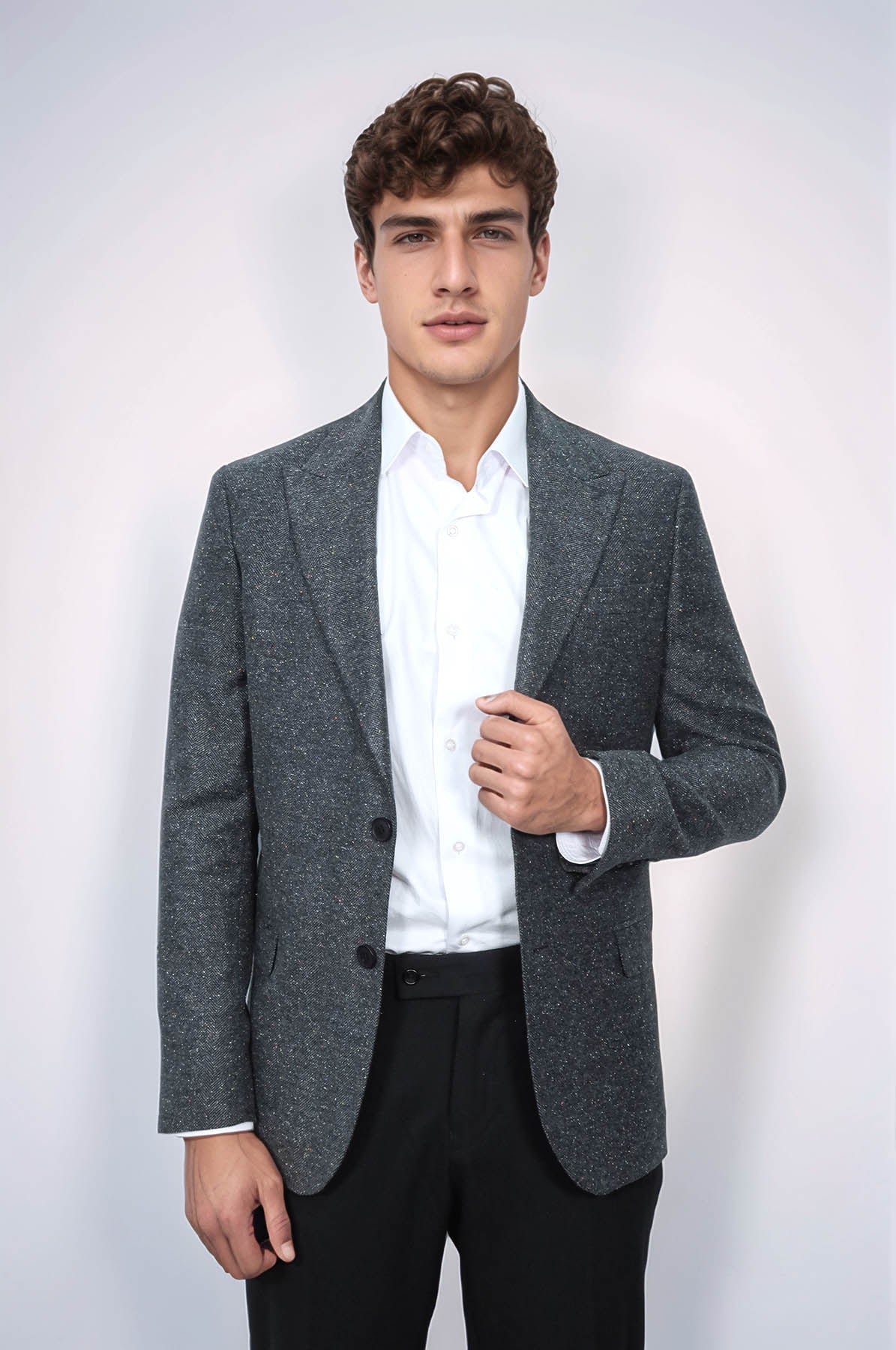 Houndstooth Pattern Wool Anthracite Men Blazer - Wessi