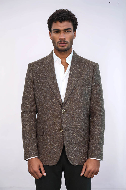 Houndstooth Pattern Wool Brown Men Blazer - Wessi