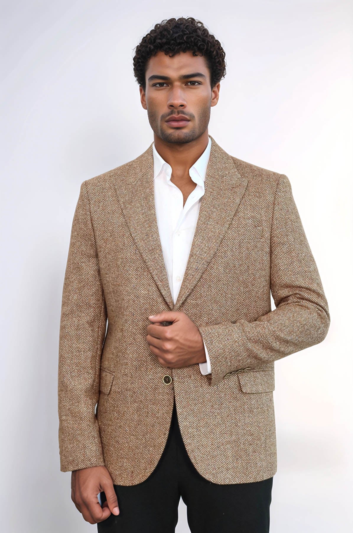 Houndstooth Pattern Wool Light Brown Men Blazer - Wessi