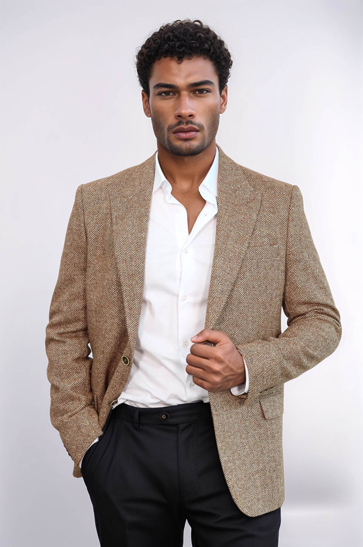 Houndstooth Pattern Wool Light Brown Men Blazer - Wessi