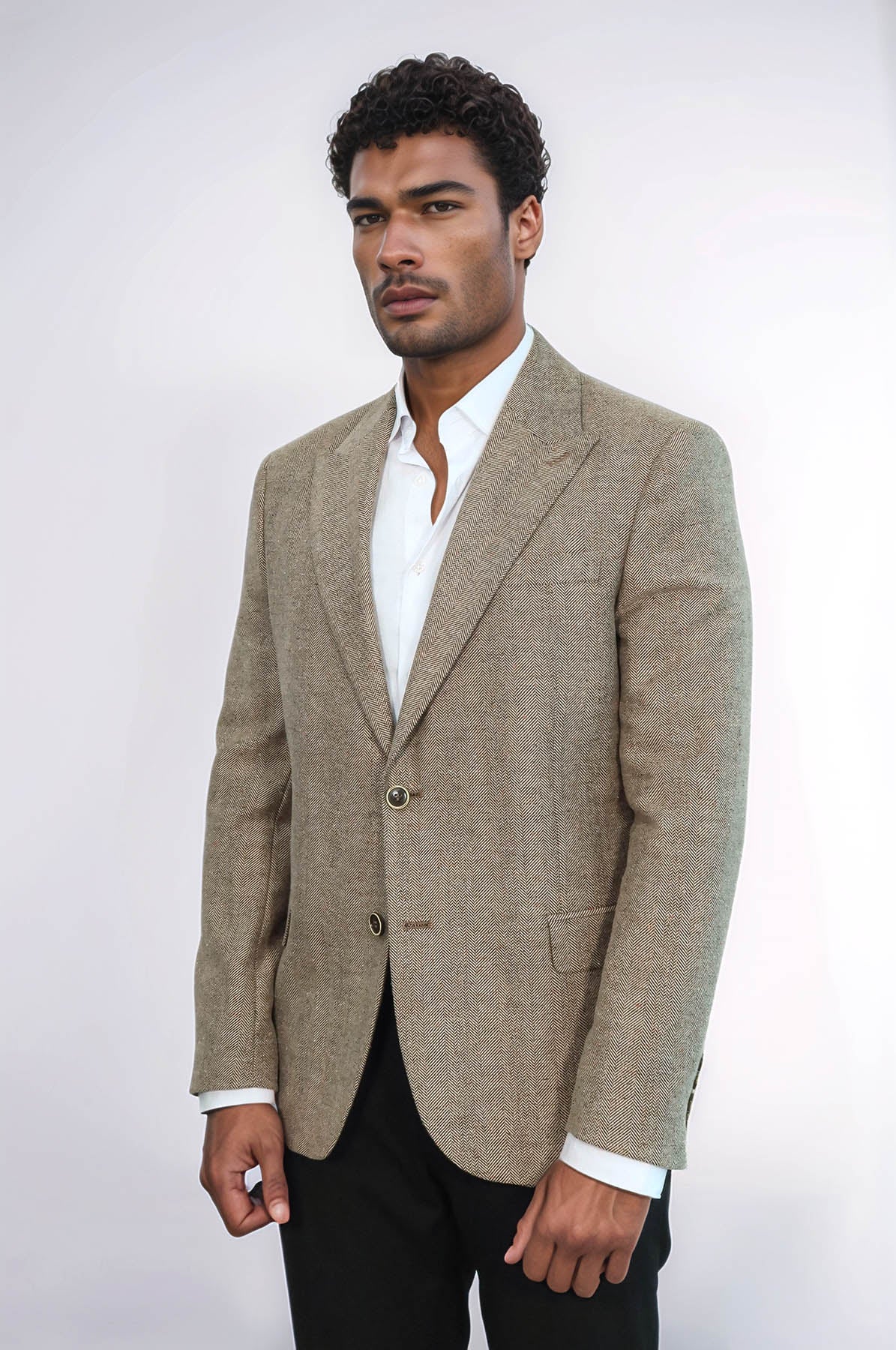 Houndstooth Pattern Wool Cream Men Blazer - Wessi