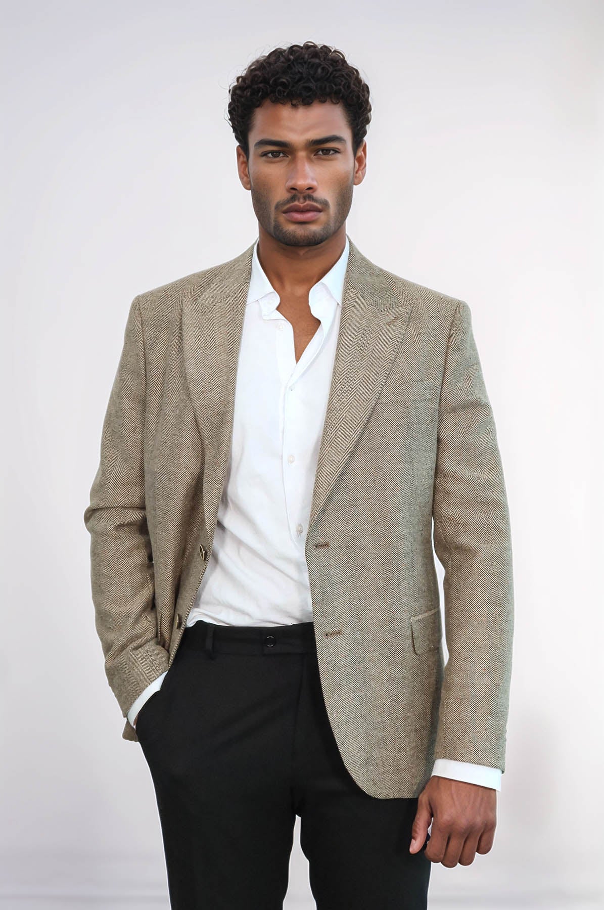 Houndstooth Pattern Wool Cream Men Blazer - Wessi