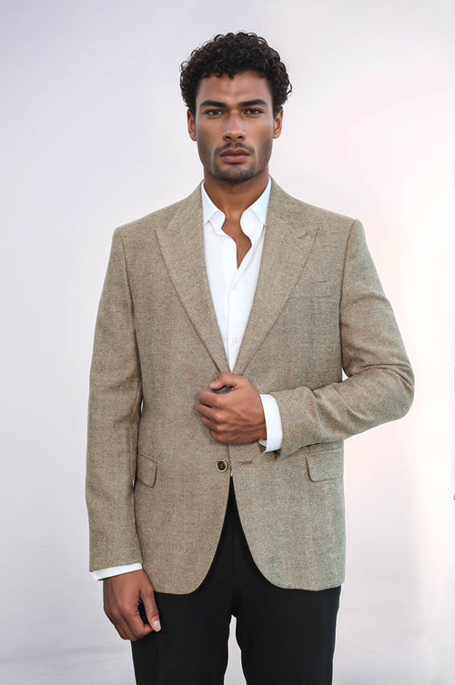 Houndstooth Pattern Wool Cream Men Blazer - Wessi