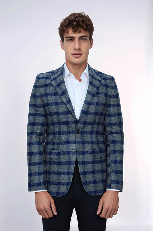 Checked Peak Lapel Slim-Fit Blue Men Blazer - Wessi