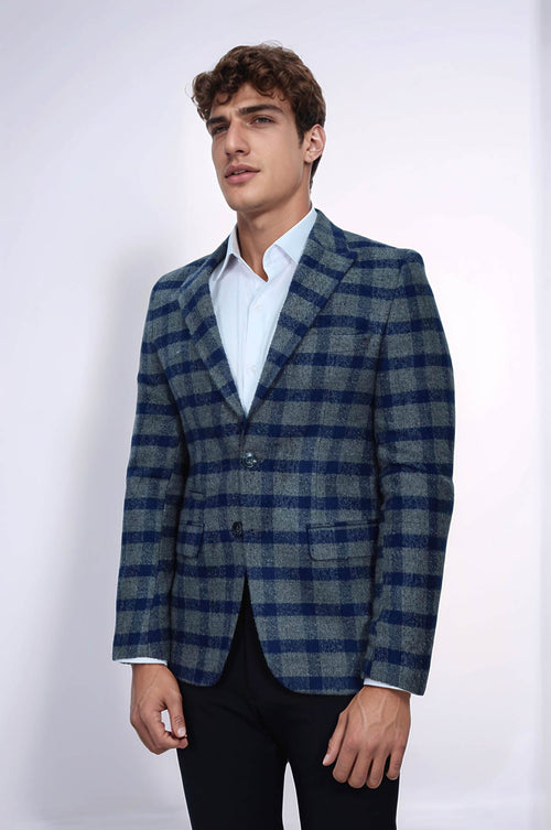 Checked Peak Lapel Slim-Fit Blue Men Blazer - Wessi