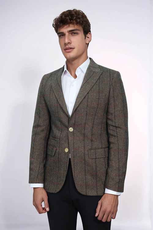 Checked Brown Slim-Fit Men's Blazer - Wessi