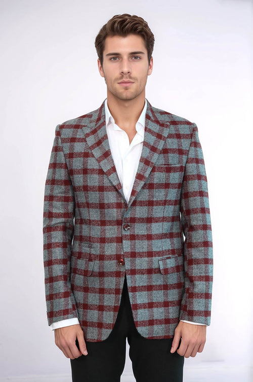Checked Peak Lapel Slim-Fit Burgundy Men Blazer - Wessi