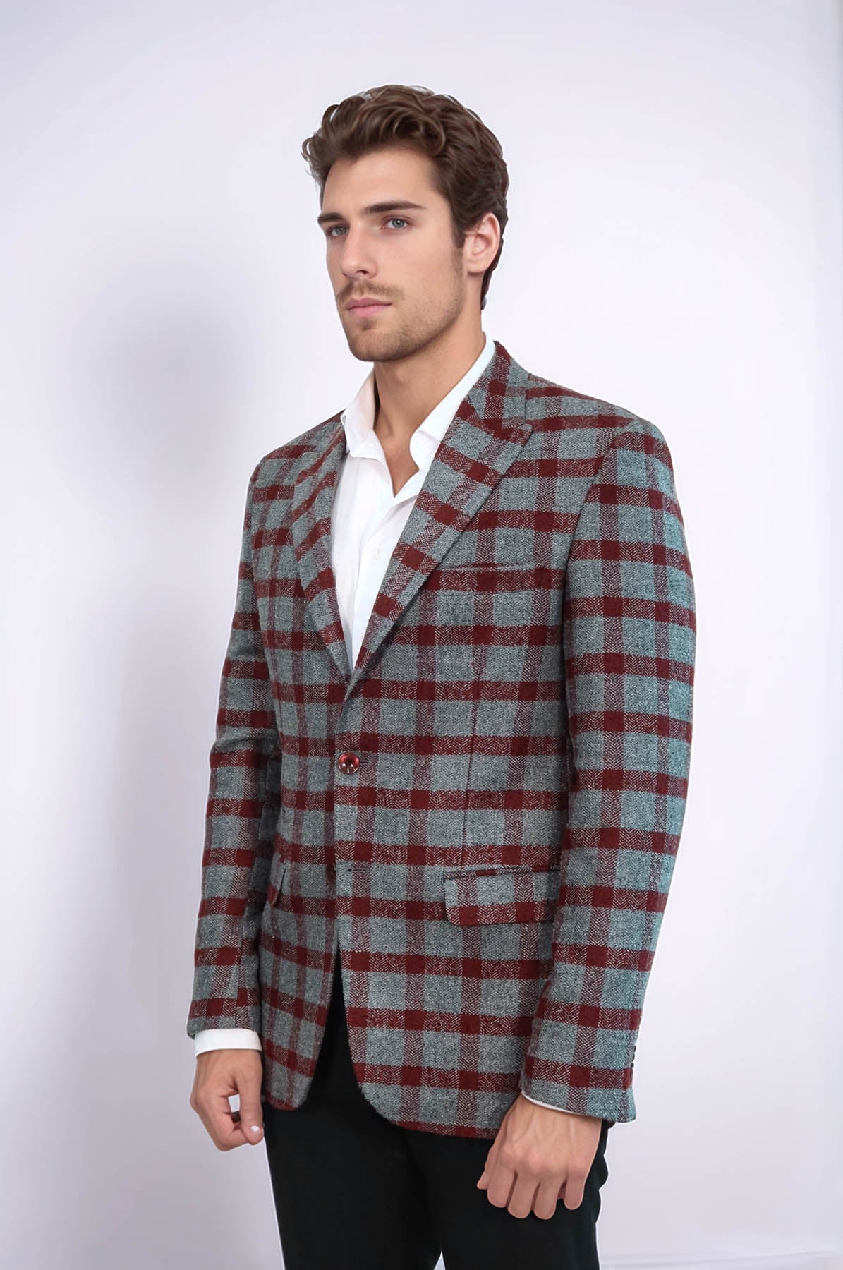 Checked Peak Lapel Slim-Fit Burgundy Men Blazer - Wessi