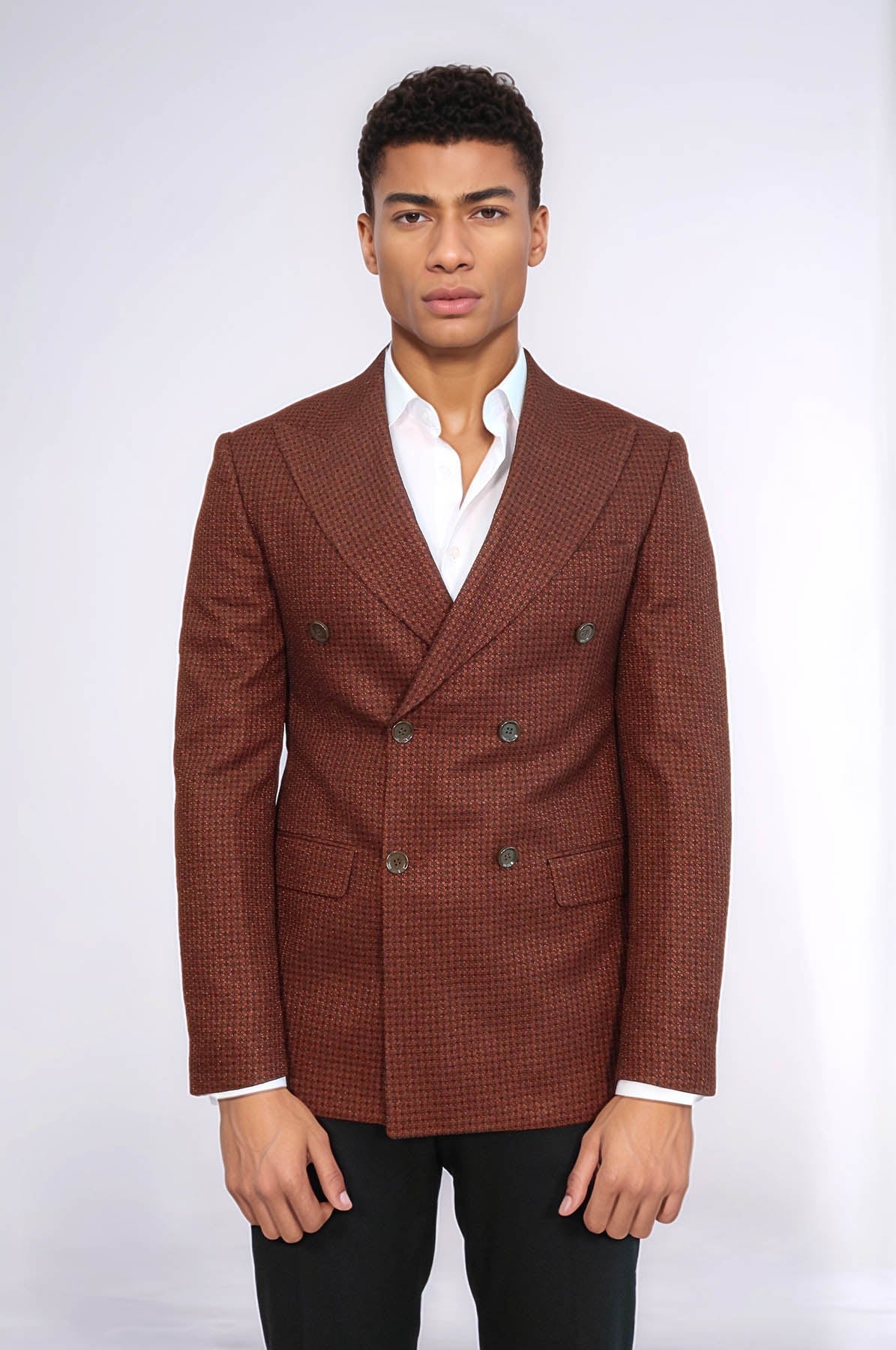 Houndstooth Patterned Brown Men Double Breasted Blazer - Wessi