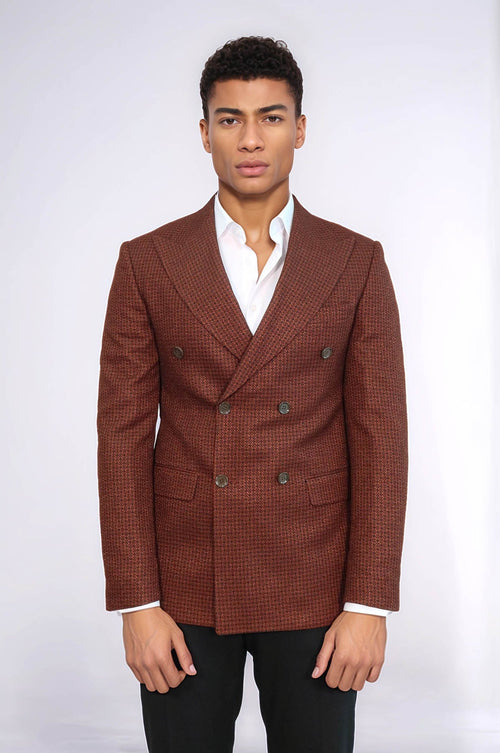 Houndstooth Patterned Brown Men Double Breasted Blazer - Wessi