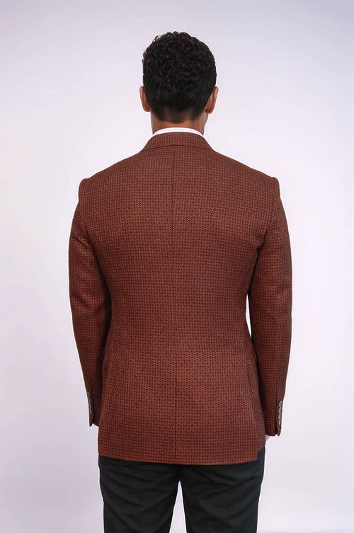 Houndstooth Patterned Brown Men Double Breasted Blazer - Wessi