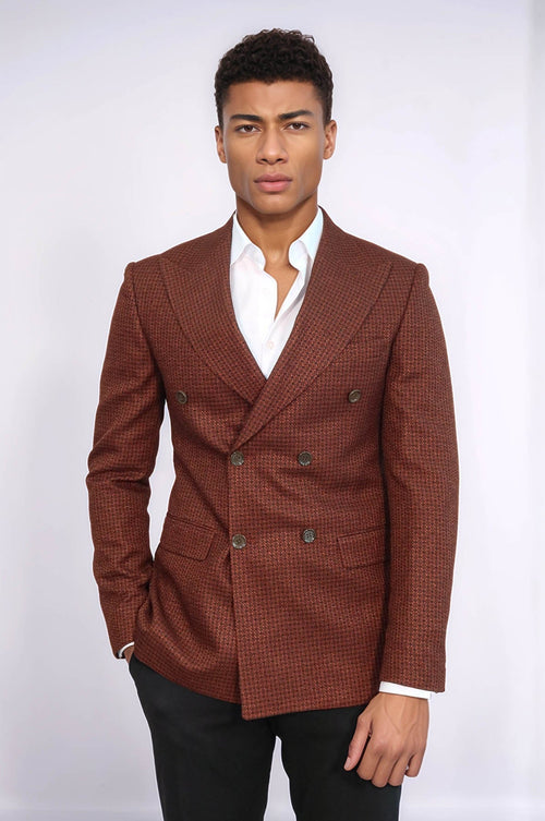 Houndstooth Patterned Brown Men Double Breasted Blazer - Wessi