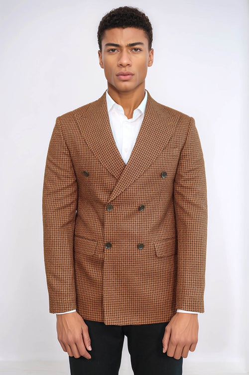Houndstooth Patterned Tawny Men Double Breasted Blazer - Wessi