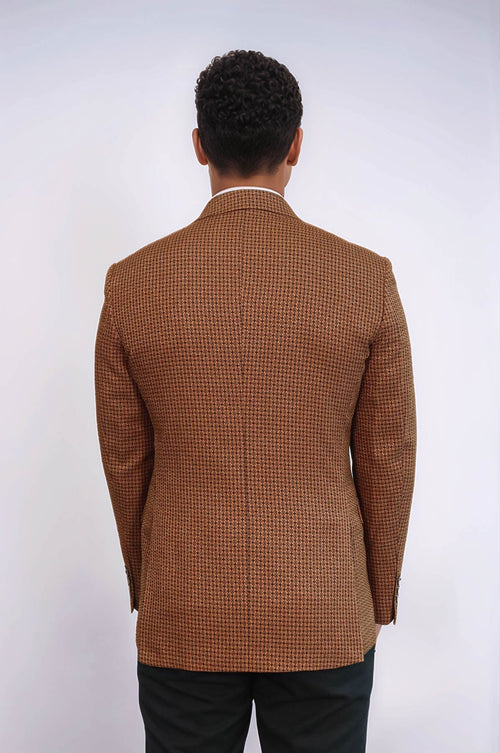 Houndstooth Patterned Tawny Men Double Breasted Blazer - Wessi