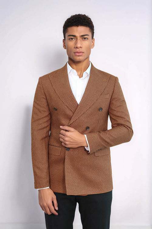 Houndstooth Patterned Tawny Men Double Breasted Blazer - Wessi