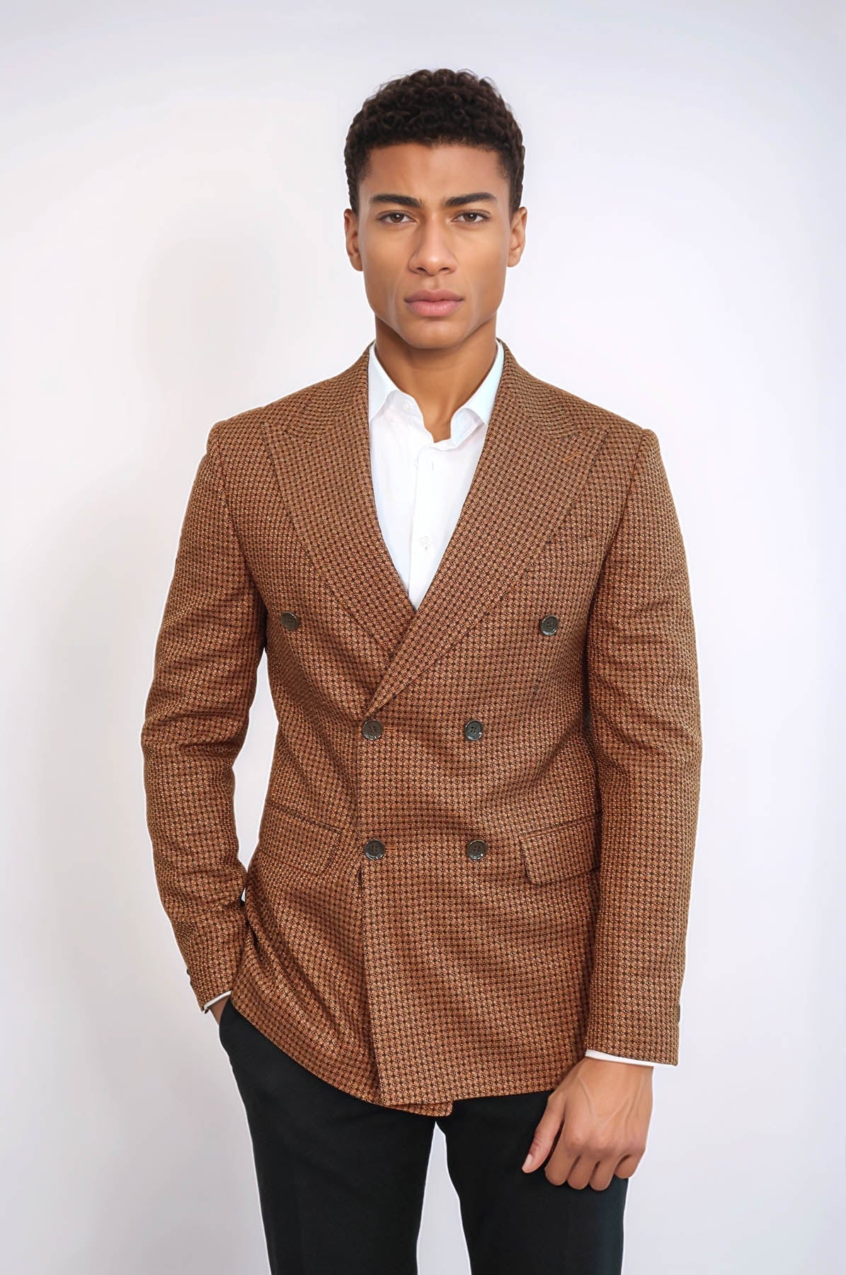 Houndstooth Patterned Tawny Men Double Breasted Blazer - Wessi