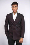 Houndstooth Patterned Burgundy Men Double Breasted Blazer - Wessi