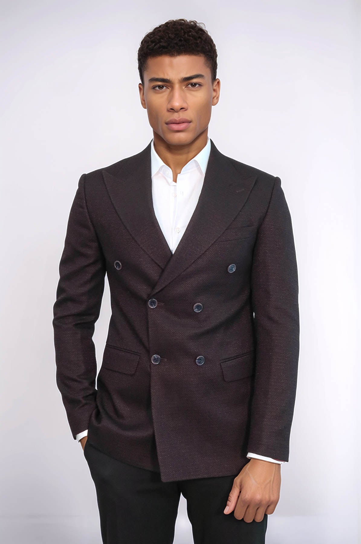 Houndstooth Patterned Burgundy Men Double Breasted Blazer - Wessi