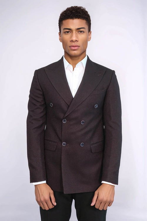 Houndstooth Patterned Burgundy Men Double Breasted Blazer - Wessi