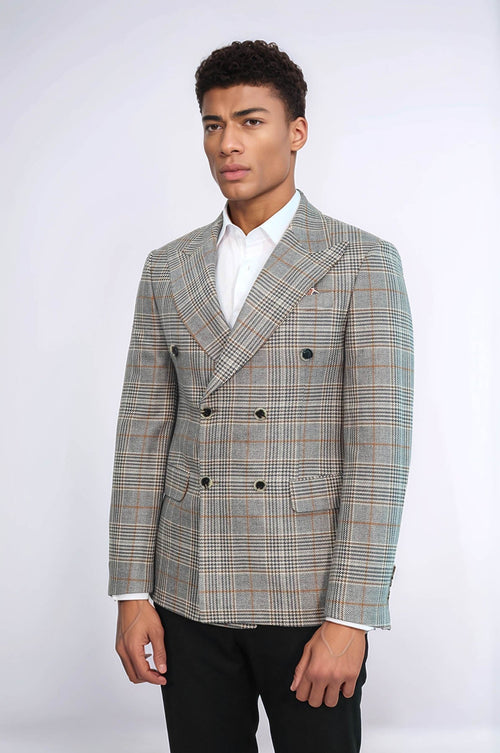 Double Breasted Checked Anthracite Men Blazer - Wessi