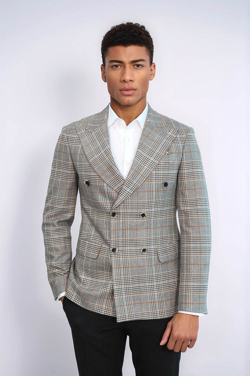 Double Breasted Checked Anthracite Men Blazer - Wessi