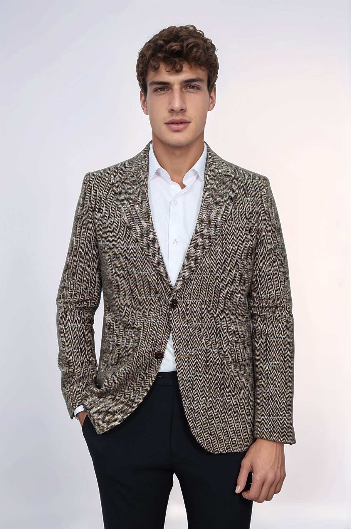 Herringbone Slim Fit Wool Brown Men Blazer - Wessi