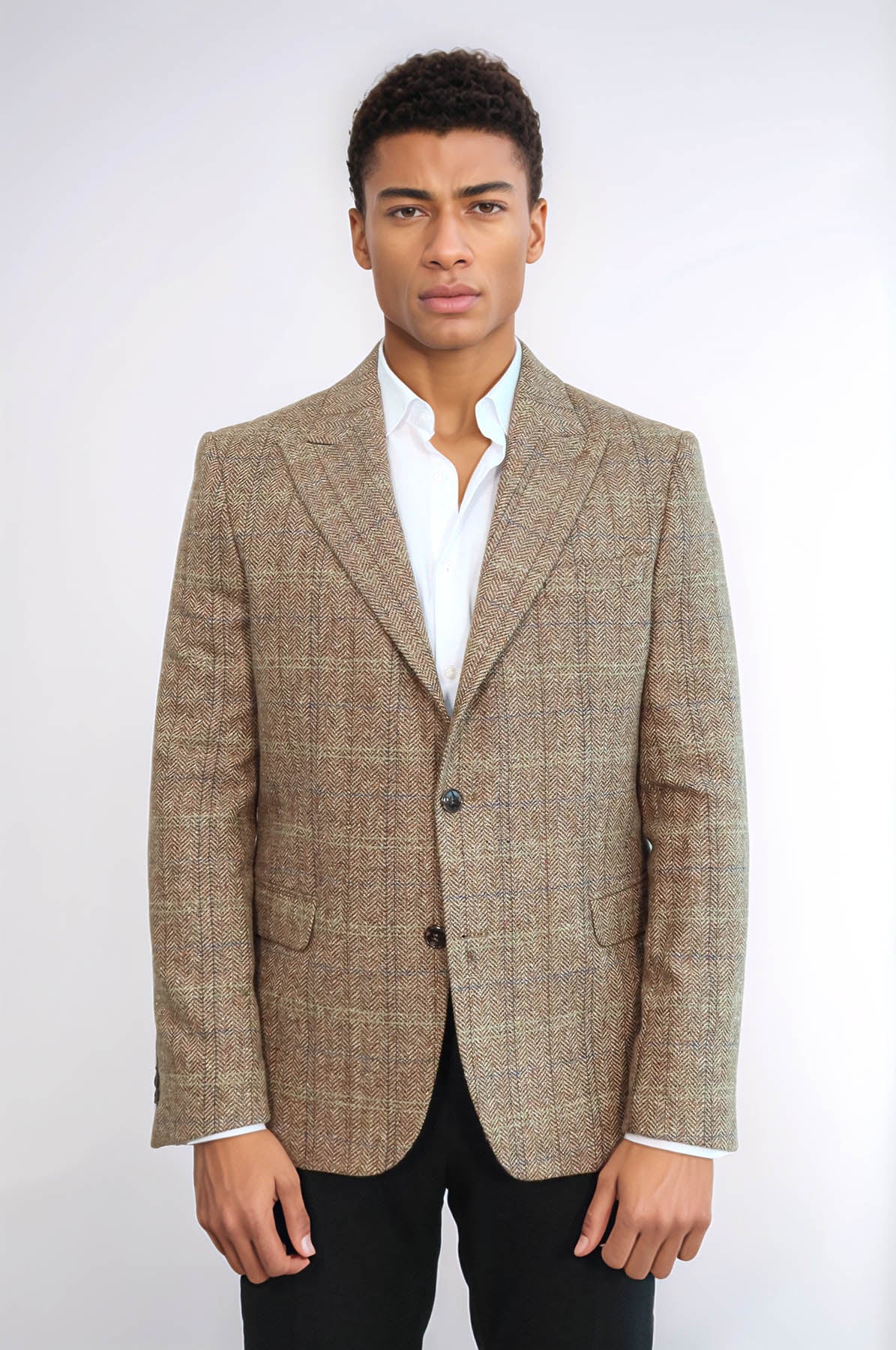 Herringbone Slim Fit Wool Tan Men Blazer - Wessi