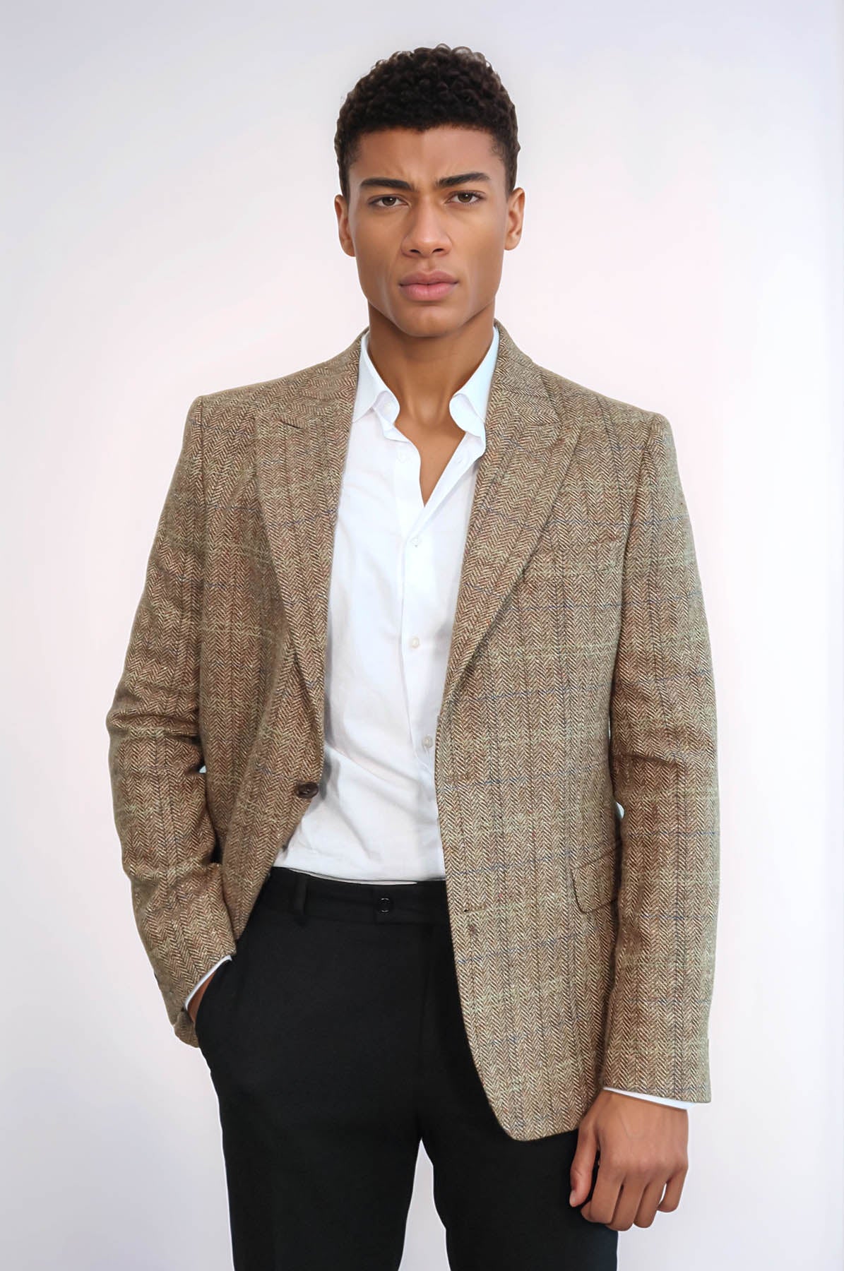 Herringbone Slim Fit Wool Tan Men Blazer - Wessi