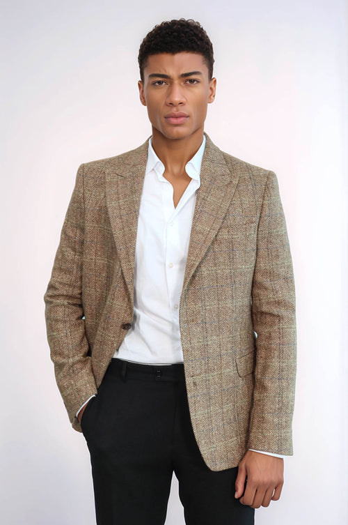 Herringbone Slim Fit Wool Tan Men Blazer - Wessi