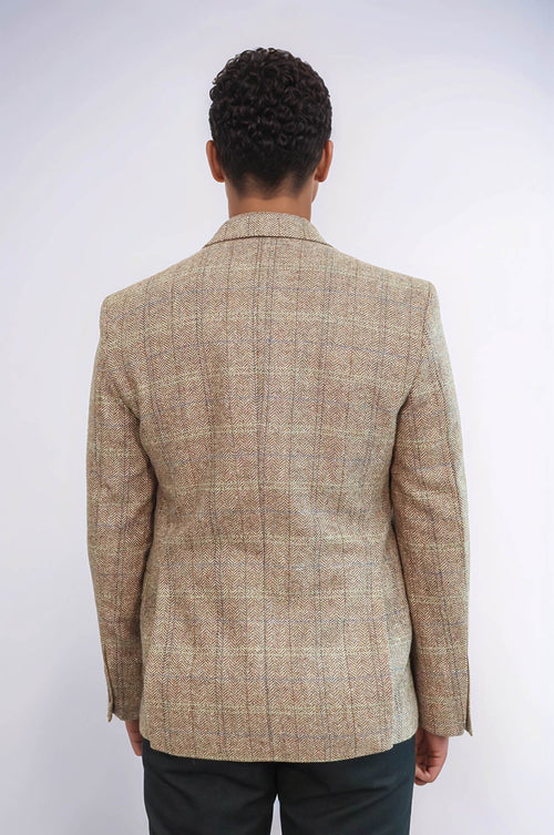 Herringbone Slim Fit Wool Tan Men Blazer - Wessi