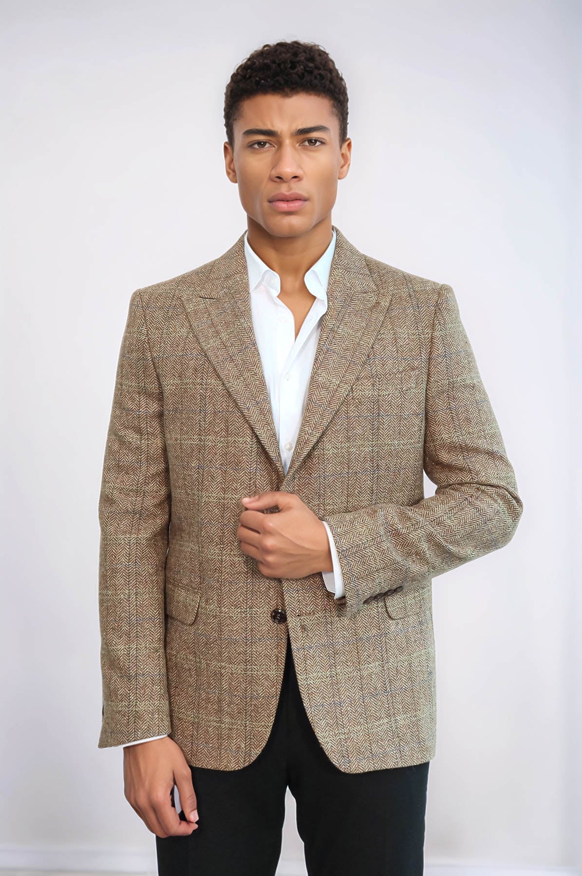 Herringbone Slim Fit Wool Tan Men Blazer - Wessi