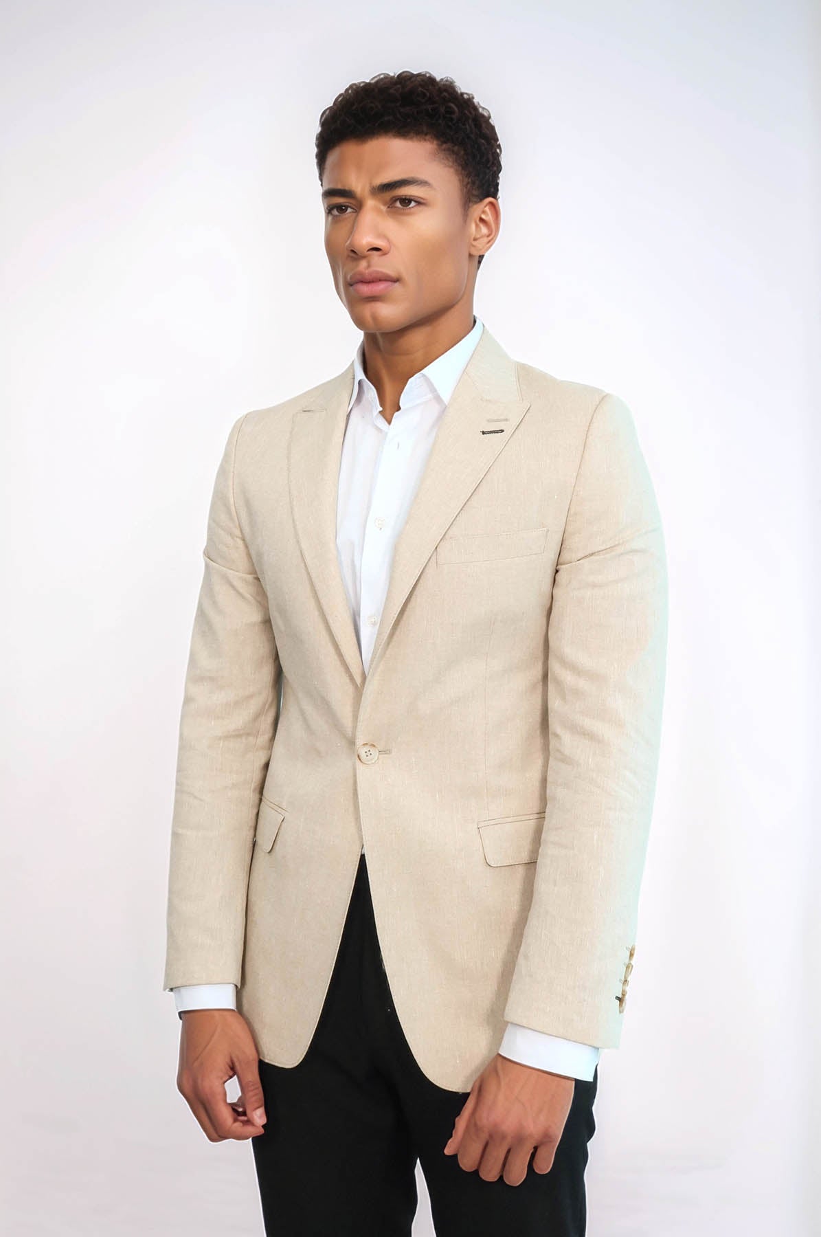 Slim-Fit Peak Lapel Beige Jacket - Wessi