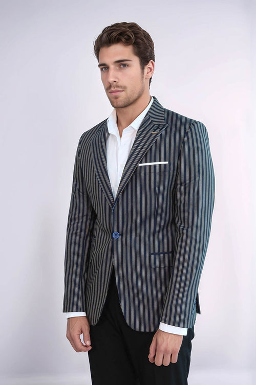 Navy Blue Striped Slim-Fit Blazer - Wessi