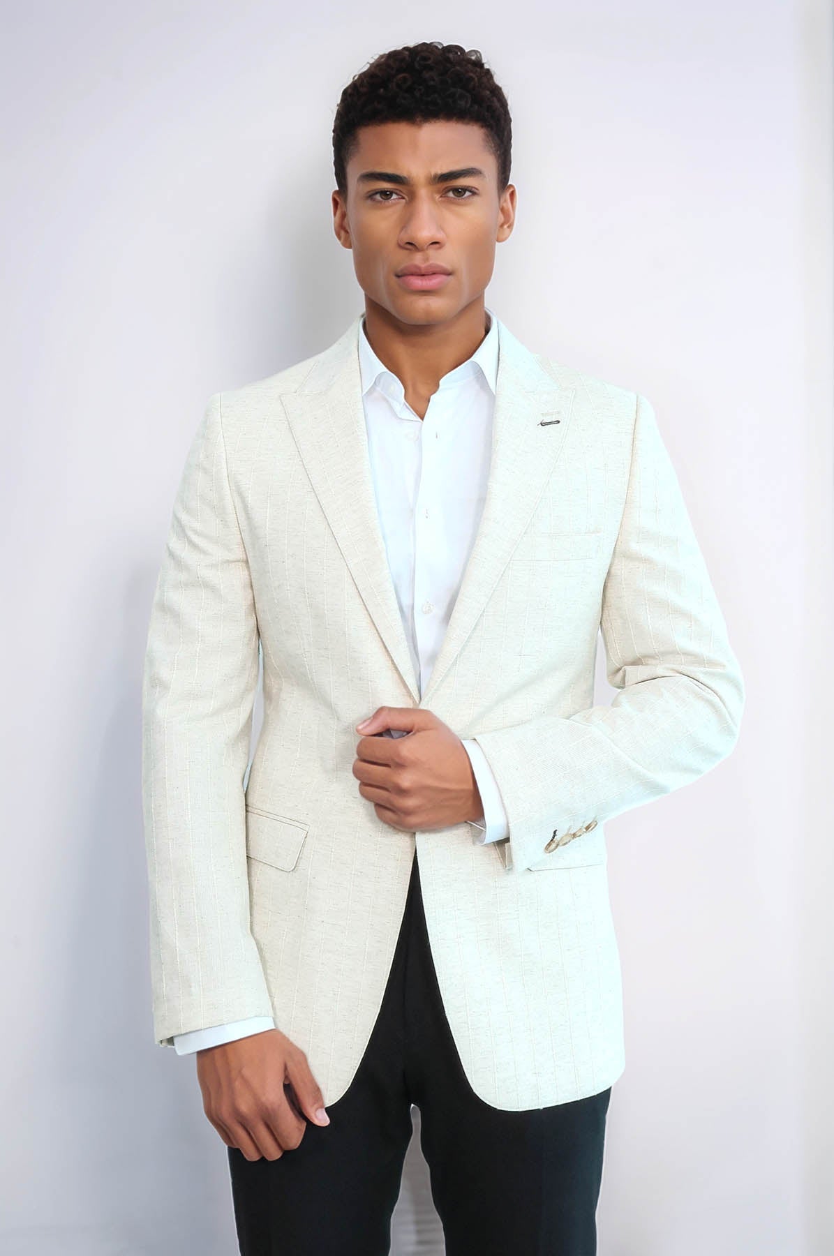 Striped Peak Lapel Cream Sport Jacket - Wessi