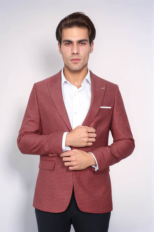 Patterned Claret Red Slim-Fit Blazer - Wessi